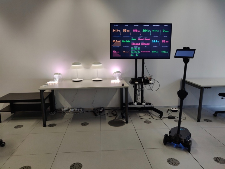 Laboreinrichtung mit IoT-Devices (Lampen), Bildschirm mit Dashboard und Roboter.