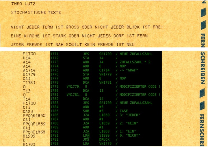 oben: Stochastische Texte - Ausschnitt, links: Freiburger Code, rechts: Stuttgarter Code