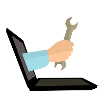Illustration: Laptop with a hand with a wrench sticking out of the screen.